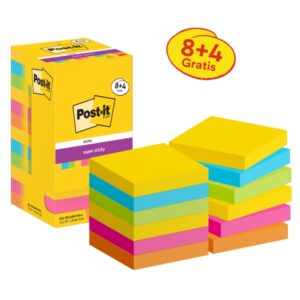 post it super sticky pack de 12 blocs de 90 notas adhesivas reposicionables forma cuadrada 76x76mm colores surtidos
