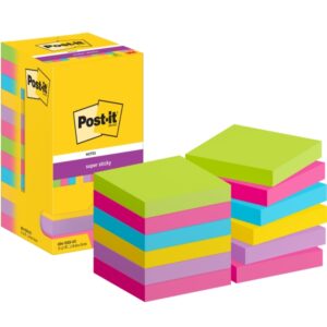 post it super sticky pack de 12 blocs de 90 notas adhesivas reposicionables forma cuadrada 76x76mm colores surtidos