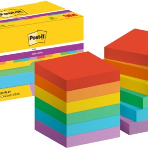 post it super sticky pack de 12 blocs de 90 notas adhesivas reposicionables forma cuadrada 47.6x47.6mm colores surtidos