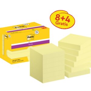 post it super sticky pack de 12 blocs de 90 notas adhesivas reposicionables 47.6x47.6mm promocion 8 blocs + 4 gratis color amarillo claro