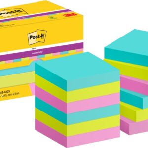 post it super sticky pack de 12 blocs de 90 notas adhesivas reposicionables forma cuadrada 47.6x47.6mm colores surtidos
