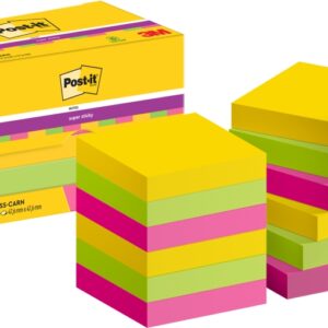 post it super sticky pack de 12 blocs de 90 notas adhesivas reposicionables 47.6x47.6mm forma cuadrada caja dispensadora colores surtidos