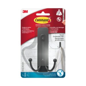 command gancho doble grande para aseo resistente al agua 1 tira adhesiva soporta hasta 1.8kg color negro mate