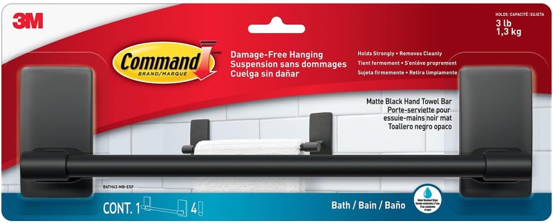 command toallero para aseo soporta hasta 1.3kg incluye 4 tiras adhesivas resistente al agua y oxido color negro