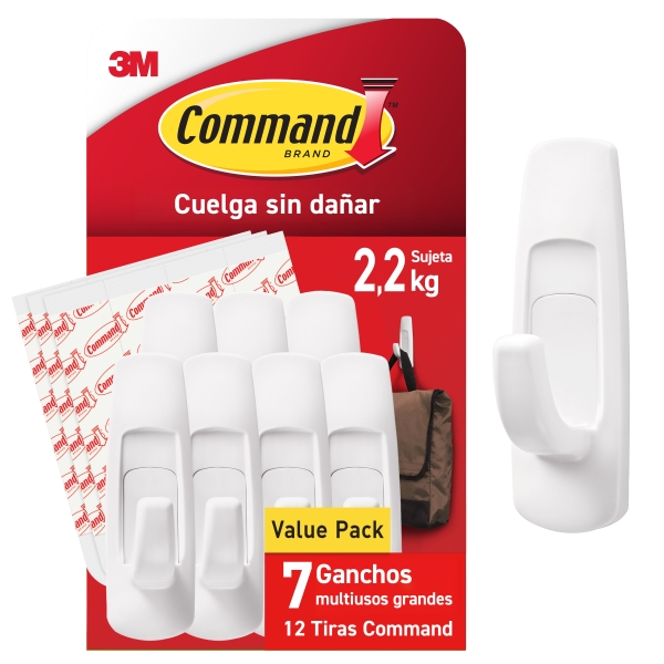 command pack de 7 ganchos grandes 12 tiras adhesivas soporta hasta 2.2kg color blanco