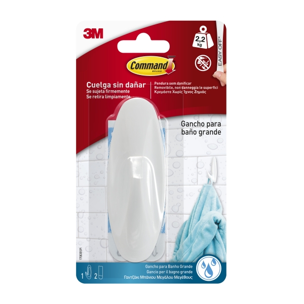 command gancho grande para aseo resistente al agua 2 tiras adhesivas soporta hasta 2.2kg color blanco