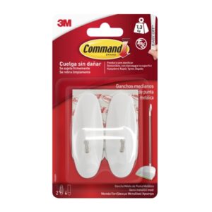 command pack de 2 ganchos medianos punta de alambre 4 tiras adhesivas soporta hasta 1.3kg color blanco