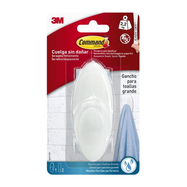 command gancho grande para toallas resistente al agua 1 tira adhesiva soporta hasta 2.2kg color blanco