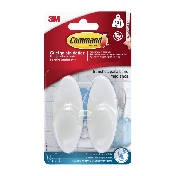 command pack de 2 ganchos medianos para aseo resistente al agua 3 tiras adhesivas soporta hasta 1.3kg color blanco