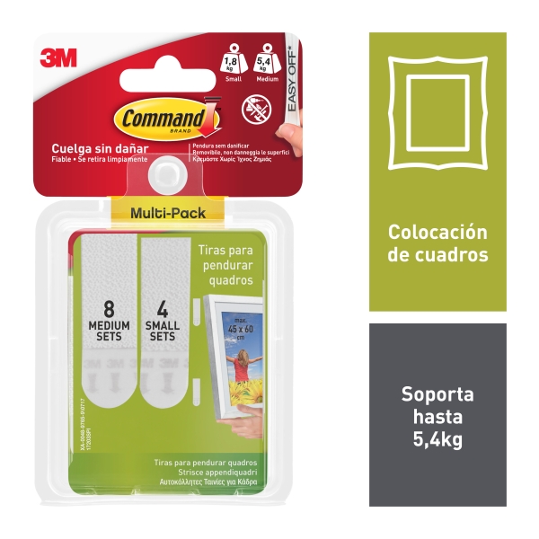 command pack de 24 tiras adhesivas para colgar cuadros 8 paresm + 4 pares s soporta hasta 5.4kg color blanco