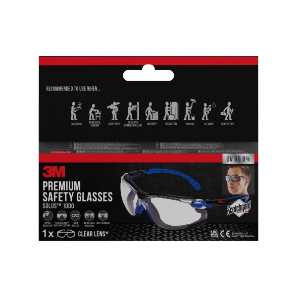 3m solus gafas de seguridad junta de espuma acoplable revestimiento antivaho lente transparente antirrayaduras proteccion uv color negro/azul