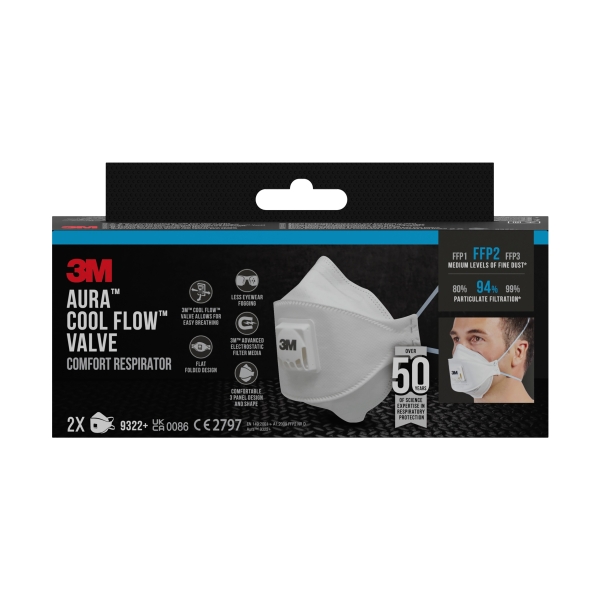 3m aura comfort cool flow pack de 2 mascarillas para particulas ffp2 desechable con valvula para niveles medios de particulas color blanco