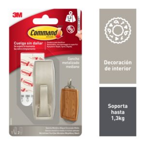 command gancho metalico mediano estilo moderno 2 tiras adhesivas soporta hasta 1.3kg color niquel pulido