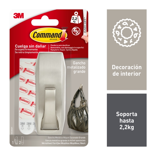 command gancho metalico grande 2 tiras adhesivas soporta hasta 2.2kg estilo moderno color niquel pulido