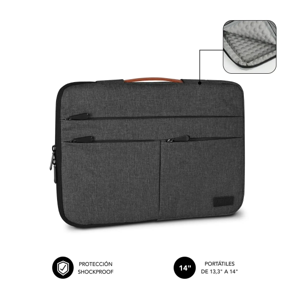 subblim funda air padding 360 portátil de 13.3" a 14" protección 360º con air padding múltiples bolsillos resistente y duradera color gris oscuro