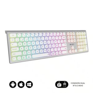 subblim teclado inalambrico master bluetooth y 2.4g iluminado teclas ergonomicas de bajo perfil color blanco plata