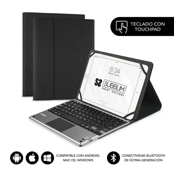subblim teclado bluetooth extraíble funda universal 9 10.1" diseño ultradelgado soporte ajustable touchpad sistema magnético resistente y adaptable inalámbrico bluetooth color negro