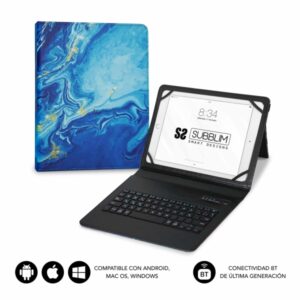 subblim keytab pro bluetooth funda universal 9 10.1" diseño ultradelgado soporte ajustable sistema magnético resistente y adaptable inalámbrico bluetooth color marmol azul