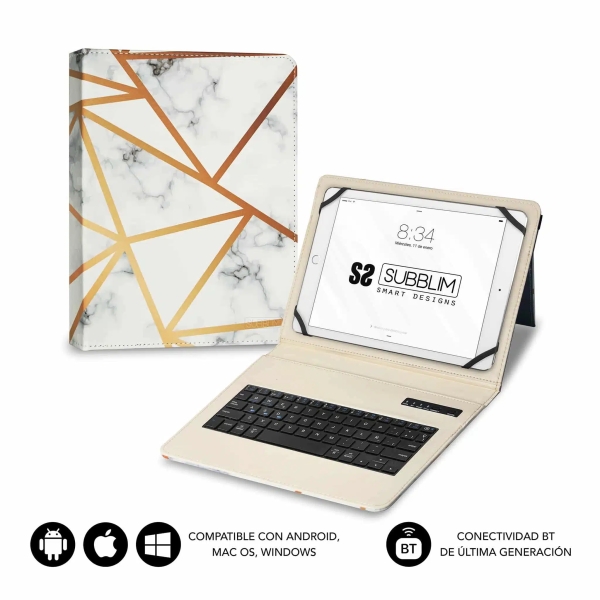 subblim keytab pro bluetooth funda universal 9 10.1" diseño ultradelgado soporte ajustable sistema magnético resistente y adaptable inalámbrico bluetooth color marmol blanco