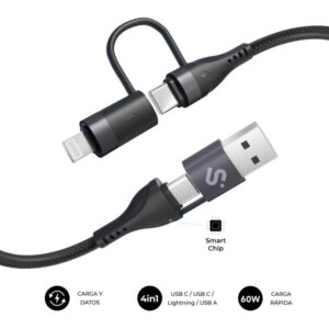 subblim cable top 4 en 1 usb a usb c lightning 60w nylon trenzado carga rapida 1 metro