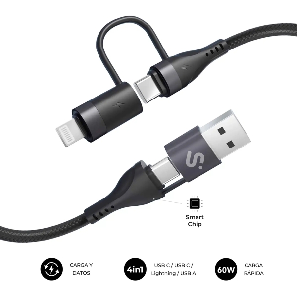 subblim cable top 4 en 1 usb a usb c lightning 60w nylon trenzado carga rapida 1 metro