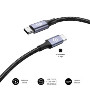 subblim cable plus usb c 100w nylon trenzado 480mbps chip e marker 2 metros color negro