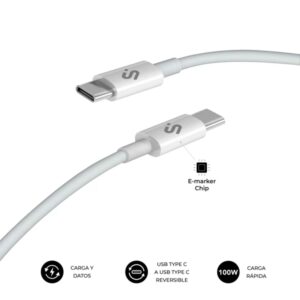 subblim cable plus usb c 100w nylon trenzado 480mbps chip e marker 1 metro color blanco