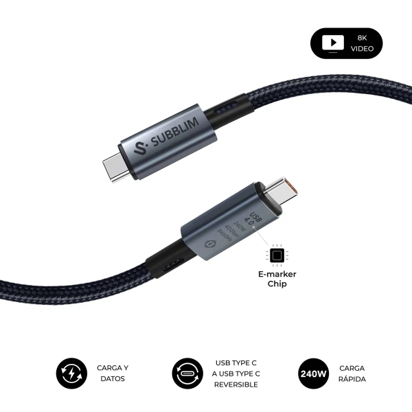 subblim cable high usb c 240w nylon trenzado 40gbps chip e marker 1.5 metros color negro