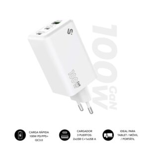 subblim cargador de pared gan 100w 3 puertos (2xusb c + 1xusb a) carga ultra rápida color blanco
