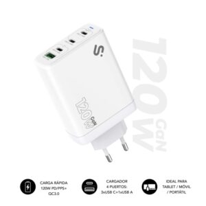 subblim cargador de pared gan 120w 4 puertos (3xusb c + 1xusb a) carga ultra rápida color blanco