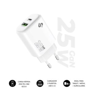 subblim cargador de pared gan 25w usb c + usb a carga rápida color blanco