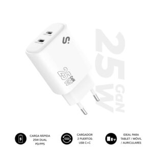 subblim cargador de pared gan 25w 2xusb c carga rápida color blanco