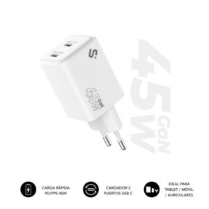 subblim cargador de pared gan 45w 2xusb c carga ultra rápida color blanco