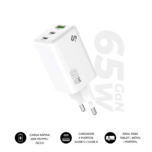 subblim cargador de pared gan 65w 3 puertos (2xusb c + 1xusb a) carga ultra rápida color blanco