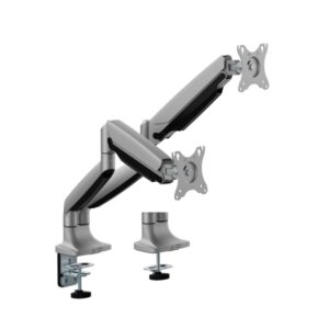 ewent soporte de mesa con doble brazo articulado para monitores hasta 35" giratorio e inclinable gestion de cables peso maximo de 15kg por monitor vesa 100x100 134x625x663mm color plata