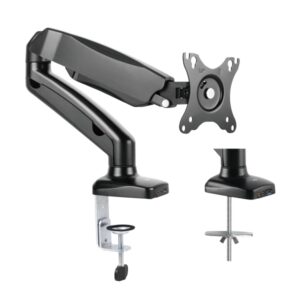 ewent soporte de mesa con brazo articulado para monitor hasta 34" resorte de gas giratorio e inclinable gestion de cables peso maximo 9kg vesa 100x100 1x usb a 3.1 gen1 entrada jack y microfono 117x610x370mm color negro