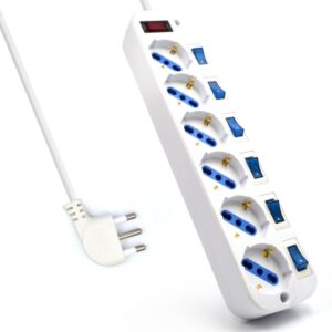 ewent regleta con 6 tomas tipo l/f (schuko) de 10/16a interruptor de encendido general e individual proteccion contra sobretension y sobrecorriente enchufe italiano plano en angulo cable de 1.5m color blanco