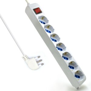 ewent regleta con 6 tomas tipo l/f (schuko) de 10/16a interruptor de encendido proteccion contra sobretensiones proteccion infantil enchufe italiano plano en angulo cable de 1.5m color blanco