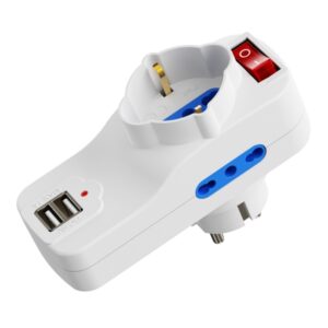 ewent regleta de 3 tomas de pared 3x tomas italianas tipo l/ schuko de 10/16a 2 tomas l + 1 toma l/f (schuko) 2x usb a interruptor on/off proteccion infantil enchufe schuko color blanco