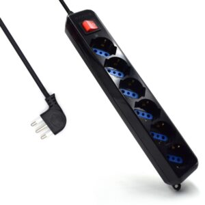 ewent regleta con 6 tomas tipo l/f (schuko) de 10/16a interruptor on/off proteccion contra sobretensiones proteccion infantil enchufe italiano plano en angulo cable de 1.5m color negro