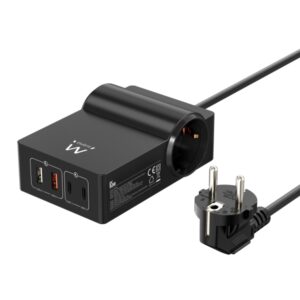 ewent cargador usb con 2 tomas de corriente tipo schuko 16a 65w gan 2x usb a 2x usb c cable de 1.5m proteccion infantil proteccion contra sobrecorriente y sobretensiones color negro