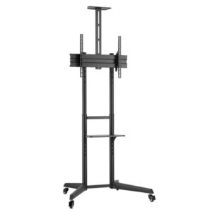 ewent soporte de suelo para tv hasta 70" bandeja auxiliar altura ajustable gestion de cables vesa maximo 600x400 peso maximo 50kg ruedas con bloqueo 871x678x1966mm color negro