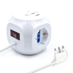 ewent regleta con 6 tomas de sobremesa en forma de cubo 3 tomas l/f (schuko) 2x usb a 1x usb c enchufe italiano plano en angulo interruptor on/off cable de 1.5m color blanco