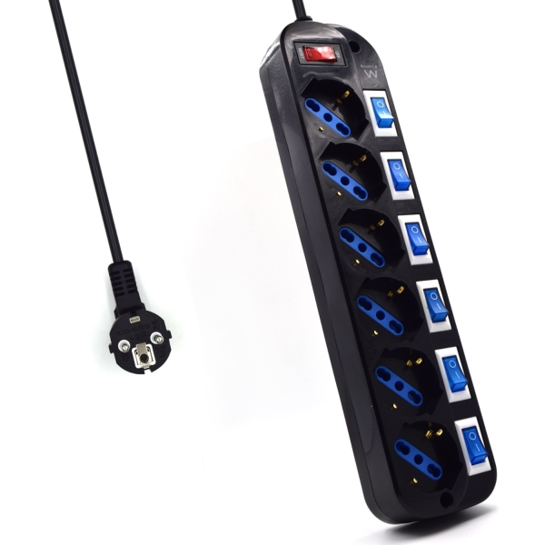 ewent regleta de 6 tomas de seguridad 6x schuko 16a proteccion contra sobretension interruptor on/off general e individuales proteccion infantil cable de 1.5m color negro