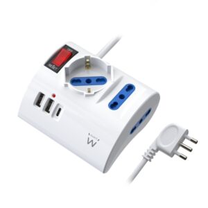 ewent regleta con 6 tomas de sobremesa 2 tomas l + 1 toma l/f (schuko) 2x usb a 1x usb c enchufe italiano plano en angulo interruptor on/off cable de 1.5m color blanco