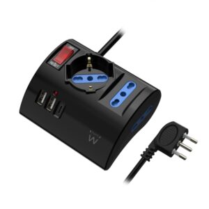 ewent regleta con 6 tomas de sobremesa 2 tomas l + 1 toma l/f (schuko) 2x usb a 1x usb c enchufe italiano plano en angulo interruptor on/off cable de 1.5m color negro