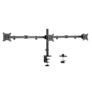 ewent soporte de mesa para tres monitores hasta 27" giratorio e inclinable gestion de cables peso maximo de 7kg por monitor vesa 100x100 1430x548x148mm color negro