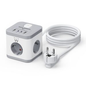 ewent regleta con 6 tomas de sobremesa 3x schuko 16a 2x usb a 2x usb c proteccion infantil interruptor on/off forma de cubo cable de 1.5m color blanco/gris