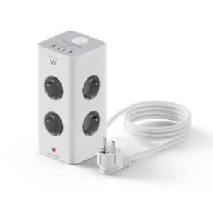 ewent regleta con 12 tomas de sobremesa 8x schuko 16a 2x usb a 2x usb c interruptor on/off proteccion infantil forma de torre cable de 2m color blanco/gris