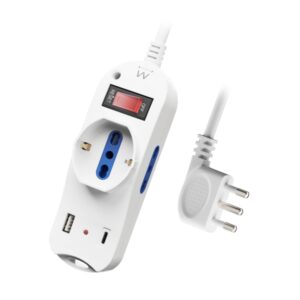 ewent regleta con 6 tomas 2 tomas l + 1 toma l/f (schuko) 1x usb a 1x usb c enchufe italiano plano en angulo interruptor on/off cable de 1.5m color blanco